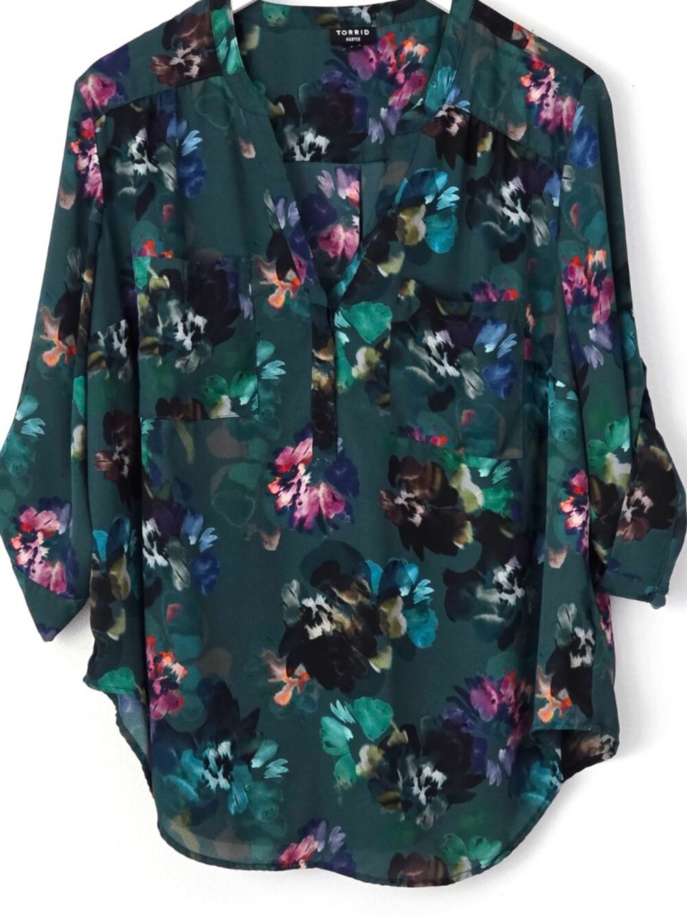 TORRID TEAL/MULTI HARPER BLOUSE SIZE 0